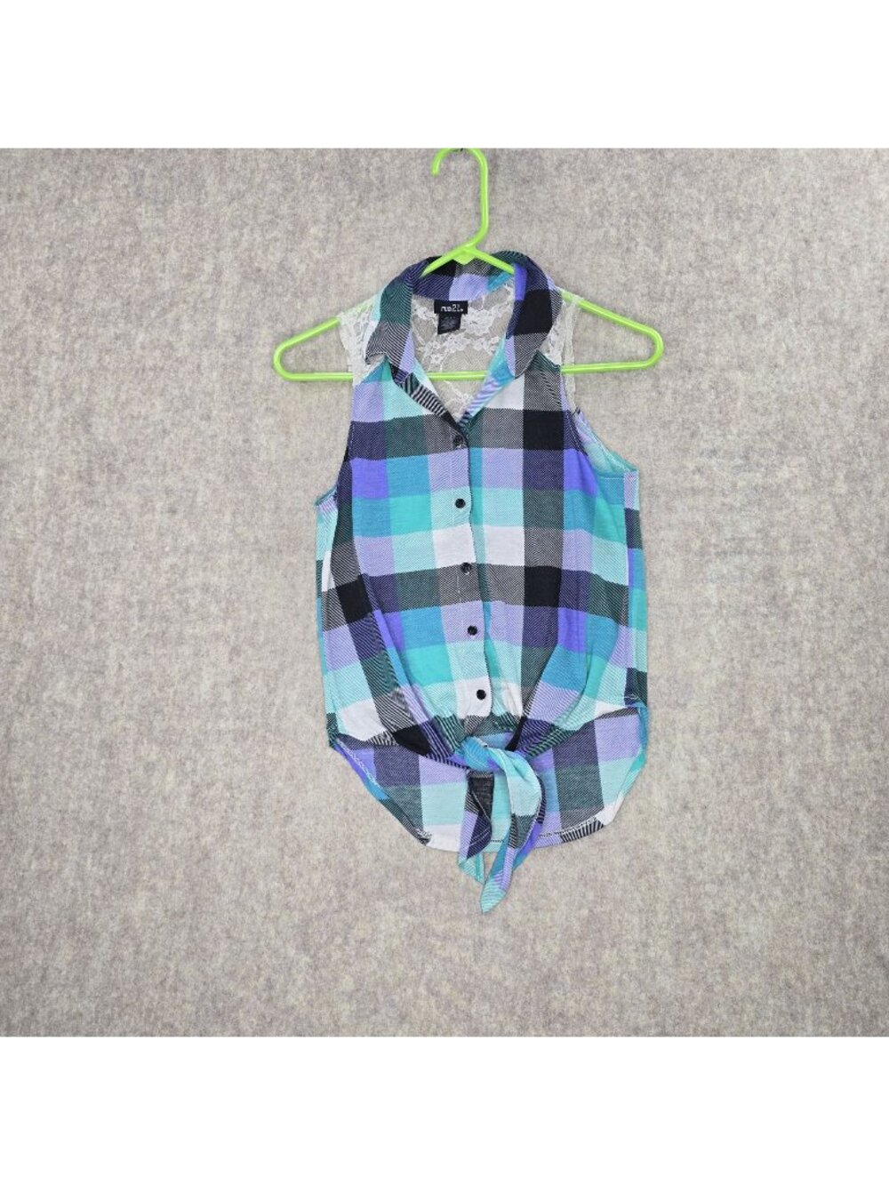 Rue21 Womens Sleeveless Tie Front Plaid Lace Back Blue Purple Black Top Small